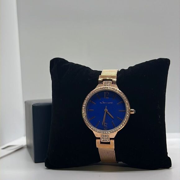 New Jeanneret Luxury Crystal Bezel Blue Face Gold Tone Mesh Band Wristwatch main image 7